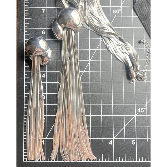 Silver Tone Necklace Earrings Set Multi Strand Snake Chain Long Tassel Runway - Picture 5 of 10